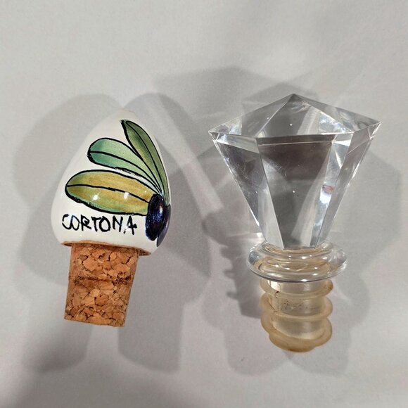784 TWO Bottle Wine Stoppers - One Acrylic Crystal Clear & One Ceramic Painted - Picture 1 of 6